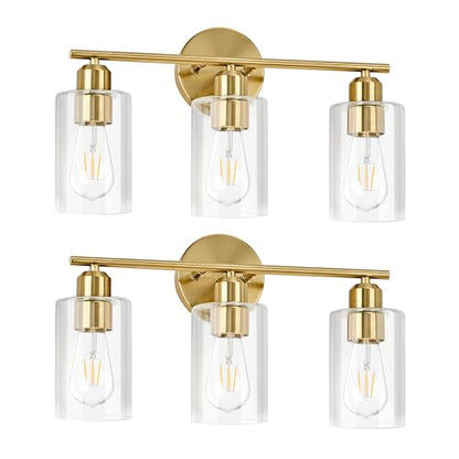 3Light Modern Vanity Lights - Gold, Clear Glass Shade, Wall Sconce for Bathroom & Bedroom, 2 Pack - color: Gold, size: 3 Light - 2 pack