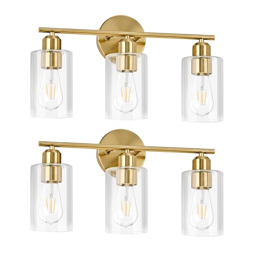 3Light Modern Vanity Lights - Gold, Clear Glass Shade, Wall Sconce for Bathroom & Bedroom, 2 Pack - color: Gold, size: 3 Light - 2 pack