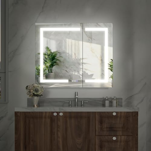 36x30" Wall-Mounted LED Bathroom Medicine Cabinet, Anti-Fog, 3 Color Temp | Surface-Mount/Recessed, Double-Sided Mirror Cabinet with DTC Silent-Close Hinges, Adjustable Tempered Glass Shelf - size: 36W x 30H Inch