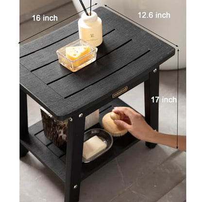 Poly Shower Bench Waterproof Shower Stool Plastic Bath Chair Seat, Black | HDPS Material, Anti-Rotting, Heavy Duty, with Storage Shelf & Adjustable Feet, Non-Slip, Save Space, No-Maintenance - color: Black, size: M Size(16*13*17'')