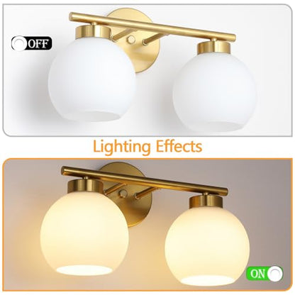 2 Light Bathroom Vanity Light, Gold Bathroom Light Fixtures Over Mirror, Mid Century Modern Wall Sconce with Frosted Globe Glass Shades, Brass Vanity Light, E26 Socket - color: Gold & Milky White Glass, size: 2-Light
