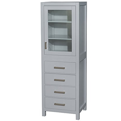 Wyndham Collection Sheffield 24 inch Linen Tower in Gray with Shelved Cabinet Storage and 4 Drawers - color: Gray With Brushed Chrome Trim