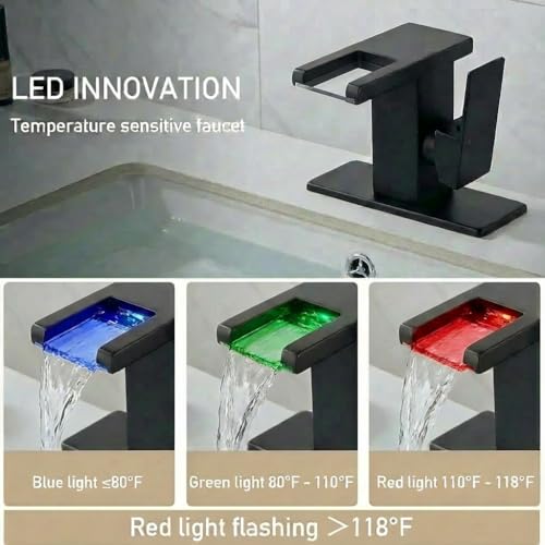 AVSIILE LED Bathroom Sink Faucet, Matte Black Waterfall Single Hole Handle Vanity Faucets for Sinks 1 Hole with Metal Pop Up Drain and 2 Water Supply Lines, Side Handle - color: Matte Black