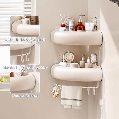 CICUFY Shower Caddy Suction Cup, 1 Pack No Drilling Corner Shower Shelves, Rust Proof Bathroom Storage Organizer, Shower Corner Caddy with Removable Hooks and Towel Bar, Triangle, Cream - style: Triangle Cream (1 Pack )