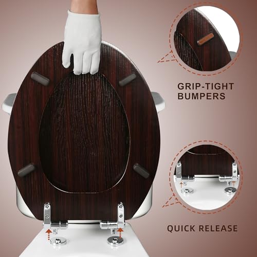 Elongated Toilet Seat Molded Wood Toilet Seat with Quietly Close and Quick Release Hinges, Easy to Install also Easy to Clean by Angol Shiold (Elongated, Dark Brown) - color: Dark Brown, size: Soft Close Hinge