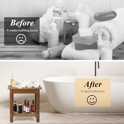 Apolimi Shower Chair, HDPE Shower Bench for Inside Shower to Sit On It, Shower Stool with Storage Shelf 2-Tier Spa Stool for Elderly,Water Resistant & Non-Slip Design Shower Seat Bench (Teak S Size)