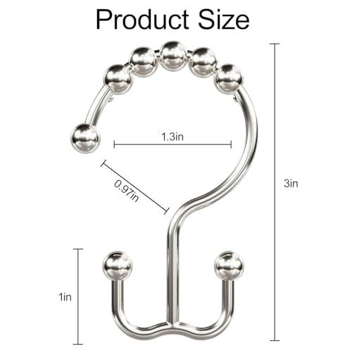 Shower Curtain Hooks Rings Set of 12, Stainless Steel Rust-Resistant Metal Double Glide Shower Curtain Hooks for Bathroom Shower Rods, Smooth Roller Balls, Nickel