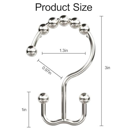 Shower Curtain Hooks Rings Set of 12, Stainless Steel Rust-Resistant Metal Double Glide Shower Curtain Hooks for Bathroom Shower Rods, Smooth Roller Balls, Nickel