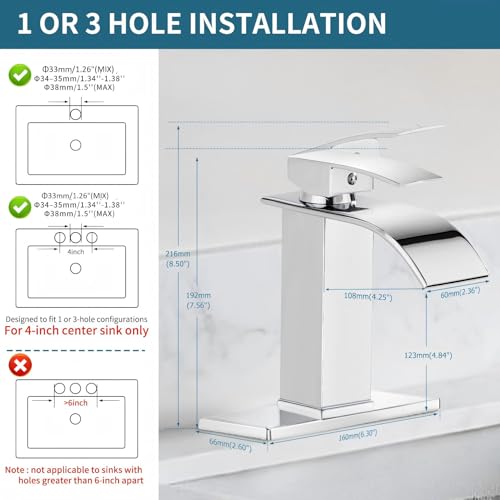 Sagetta Waterfall Bathroom Sink Faucet Single Hole Chrome with Three Hole Cover Deck Plate, Pop up Drain and Water Hoses Stainless Steel Vanity Two Pack - color: Chrome, style: 2