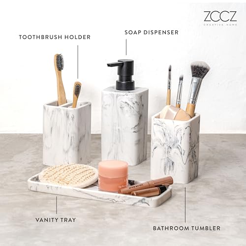 Bathroom Accessory Sets, 4 Pieces Bathroom Accessories Complete Set Vanity Countertop Accessory Set with Marble Look, Includes Lotion Dispenser, Toothbrush Holder and Tray (White Marble Look) - color: White Marble Look