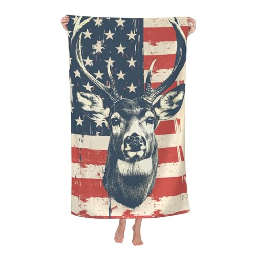 American Flag Deer Theme Microfiber Beach Towel, 52x32 Inches, Absorbent, Quick-Dry, Lightweight, Portable, Adult Size, Polyester, Machine Washable - color: Beach Towel93