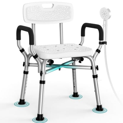 Shower Chair for Inside Shower with Arms & Back, 550 lbs, 6 Heights | Dual Crossbar Frame, Non-Slip Feet, 22-Inch EVA-Cushioned Seat, Showerhead Holder, Rust-Resistant Aluminum, Tool-Free Setup - color: White