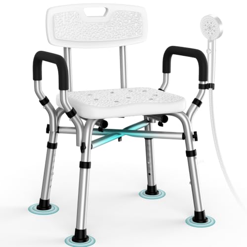 Shower Chair for Inside Shower with Arms & Back, 550 lbs, 6 Heights | Dual Crossbar Frame, Non-Slip Feet, 22-Inch EVA-Cushioned Seat, Showerhead Holder, Rust-Resistant Aluminum, Tool-Free Setup - color: White