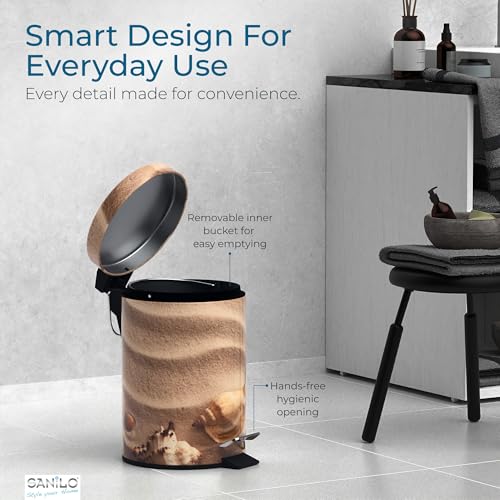 Sanilo Small Bathroom Trash Can with Lid [1.3 Gallon] - Lidded Tiny Trashcan for Garbage - Mini Metal Bin with Soft Closing Mechanism - Bath Room Accessoire Wastebin with Inner Bucket (Sanibel) - color: Sanibel