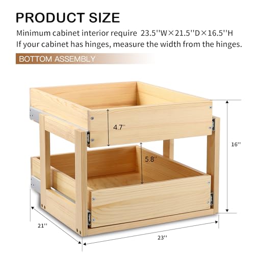 Pull Out Cabinet Organizer 23''W×21''D×16''H Slide Out Drawer | Soft Close Wood Kitchen Pullout Drawers for Cabinets Shelves for Kitchen, 2-Tier, Finished, Heavy-Duty, Bottom Assembly - size: 23''W×21''D×16''H