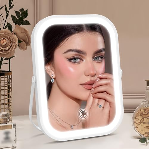 ROLOVE 6x8 Inch Rechargeable Makeup Mirror with Lights, 3 Color, Portable | LED Lighting, Stepless Dimming, 1500mAh Battery, Type-C Charging, Touch Control, 1X True Reflection, Tabletop & Travel Use - size: 8"L x 6"W