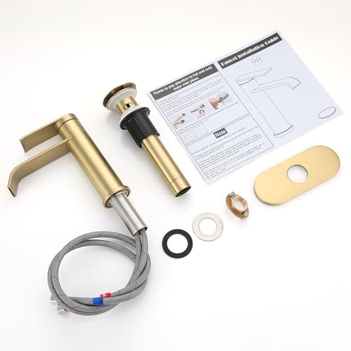 Bathroom Faucet 1 Hole with Metal Pop-up Drain - Brushed Gold | Single Handle Bathroom Sink Faucet with Supply Lines and Deck, Modern Waterfall Bathroom Faucets, G-7001BG - color: Gold