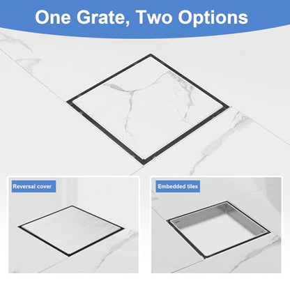 6 Inch Square Shower Drain-Brushed Nickel, with Tile Insert Grate | AISI 304 Stainless Steel Shower Drain, Shower Floor Drain with Hair Catcher, Fits Bathroom, Balcony - color: Brushed Nickel, size: 6 Inch