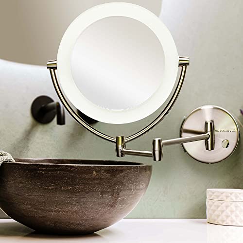 Ovente 7.5" Lighted Wall Mount Makeup Mirror, 1X & 10X Magnifier, Spinning Double Sided Round LED w/ Dimmer Switch, Extend, Retractable & Folding Arm, Battery USB Powered Nickel Brushed MLW75BR1X10X - color: Nickel Brushed, size: 10.3"L x 12.4"W, style: 1