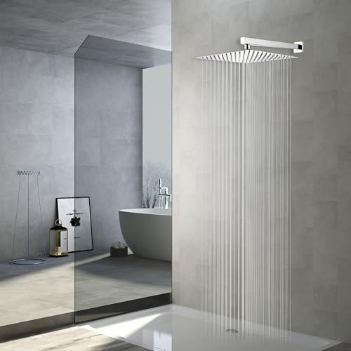 Chrome Rain Shower Head with Extension Arm 12 Inch Square Shower Head with 16 Inch Shower Arm Large Stainless Steel Rainfall Showerhead Waterfall Full Body Coverage by GGStudy - color: Chrome, size: 12inch