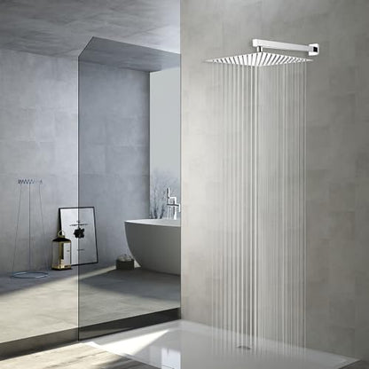 Rain Shower Head Polished Chrome with Extension Arm 16Inch Square Shower Head with 16 Inch Shower Arm Large Stainless Steel Rainfall Showerhead Waterfall Full Body Coverage - color: Chrome, size: 16inch
