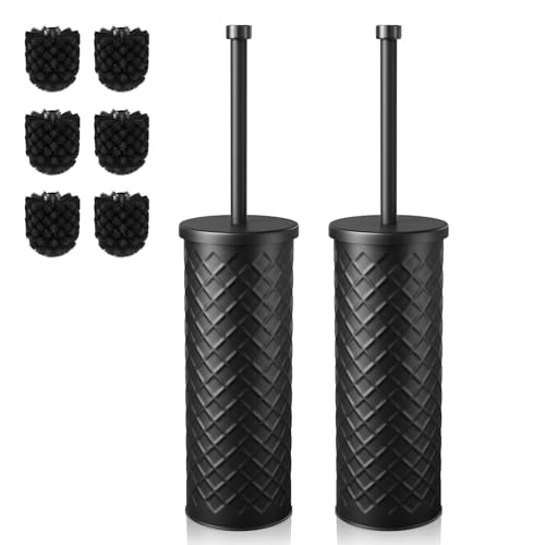 Toilet Bowl Brush and Holder Set 2 Pack with 4 Extra Brush Heads (Black) | Extra Long Handle with Splash Guard Cover, Tool-Free Installation, Bathroom Space-Saving, Cleaner Sets for Apartments, RV - color: Black