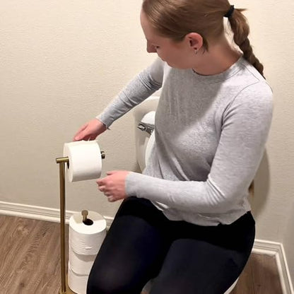 theaoo Heavy-Duty Toilet Paper Holder Stand, Bathroom Storage, Gold | Freestanding Toilet Tissue Paper Roll Holder with Reserve Storage. Stainless Steel Stand For Bathroom, Holds Extra Rolls - color: Brushed Gold