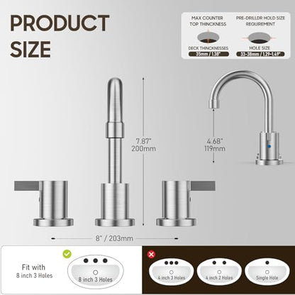 Widespread 8 Inch Lead-Free Brushed Nickel Stain-Resistant Bathroom Faucet(Stainless Steel), 2 Handle 3 Hole Swivel Spout RV Bathroom Vanity Sink Faucet with Metal Drain & Supply line, BF03042-K01-GBN - color: ‎Brushed Nickel - 8 IN
