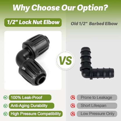 12 Pack 1/2 Inch Drip Irrigation Elbow Fittings (1/2" ID x 0.6-0.65" OD), 1/2'' Dripline Barbed Elbow Connectors with Anti-Drop Lock Nuts for Garden Lawn Irrigation System Connection - size: 1/2" Nut Elbow-12P