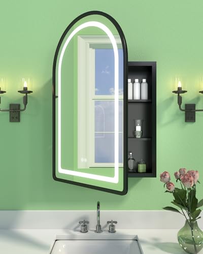 19.7"x31.5" Lighted Medicine Cabinet with Mirror, Anti-Fog, Memory Function | Bathroom Mirror with Lights and Storage, Dimmable 3 Color, Full Metal Recessed & Surface Mount LED Medicine Cabinets Black - color: 20"x32" With Anti-fog