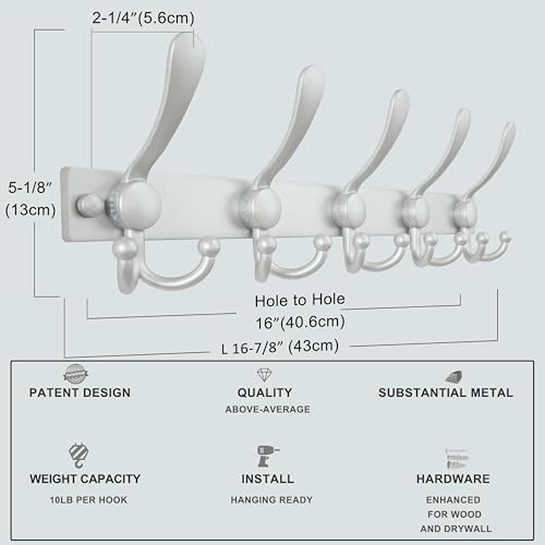 Coat Rack Wall Mount, Heavy Duty 12-Gauge Base vs Flimsy 1mm, Double-Thick Solid Anti-Snap Hooks, 16” Stud-Mount, Stainless Steel Hanger for Clothes Hat Entryway Closet Mudroom, Silver - color: Silver, size: L=17" (1pcs)