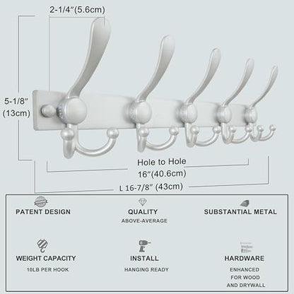Coat Rack Wall Mount, Heavy Duty 12-Gauge Base vs Flimsy 1mm, Double-Thick Solid Anti-Snap Hooks, 16” Stud-Mount, Stainless Steel Hanger for Clothes Hat Entryway Closet Mudroom, Silver - color: Silver, size: L=17" (1pcs)