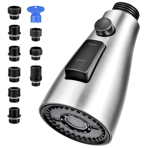 Kitchen Faucet Head Replacement, Premium 3 Function Pull Down Spray Head with 9 Adapters, Kitchen Sink Faucet Head Compatible with American Standard, Moen/Delta Faucets, Brushed Nickel - color: Brushed Nickel
