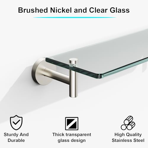 Glass Shelves for Bathroom,16-Inch Brushed Nickel Floating Bathroom Shelf Stainless Steel Tempered Glass Shelf Modern Shelves wall Mounted - color: Brushed Nickel, size: 16"without railing