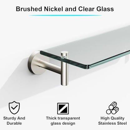Glass Shelves for Bathroom,16-Inch Brushed Nickel Floating Bathroom Shelf Stainless Steel Tempered Glass Shelf Modern Shelves wall Mounted - color: Brushed Nickel, size: 16"without railing
