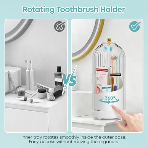 Dustproof Toothbrush Holder, Toothbrush Organizer with 360° Rotating Inner Tray and Sliding Cover, 3-Slot Draining Bathroom Toothbrush Caddy, Vanity Makeup Brush Organizer,White - color: White