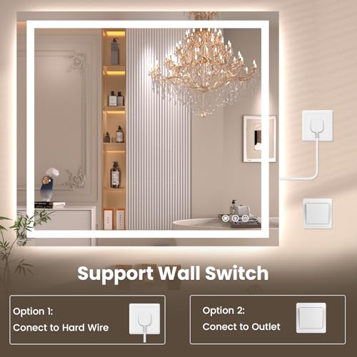 Snowdool 40 x 36 in LED Bathroom Mirror, Front and Backlit, Anti-Fog | Front and Backlit, 3 Color Temperatures, Anti-Fog, Tempered Glass - size: 36"L x 40"W