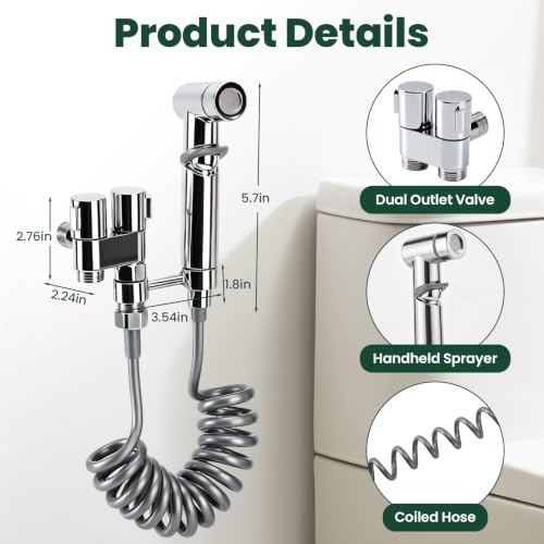 Handheld Bidet Sprayer for Toilet 1 in 2 Out Dual Control Valve, 304 Stainless Steel with Adjustable Pressure, Easy Installation Sprayer Kit for Bathroom Toilet Pet Cleaning