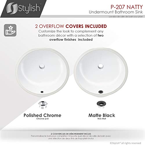 Stylish Round Bathroom Sink 16 x 16 Inch Ceramic Porcelain Undermount Bathroom Sinks Enamel Glaze Finish Smooth and Stain Resistant White Surface with Chrome and Matte Black Overflow, P-207 - style: 16"x16" Chrome & Matte Black Overflows