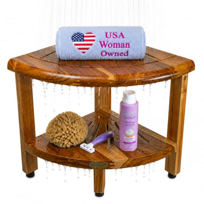 EcoDecors 13" Teak Corner Shower Bench with Shelf, Waterproof Stool | Space-saving corner shower bench with storage shelf keeps shampoo, soap, razors, and bath essentials organized