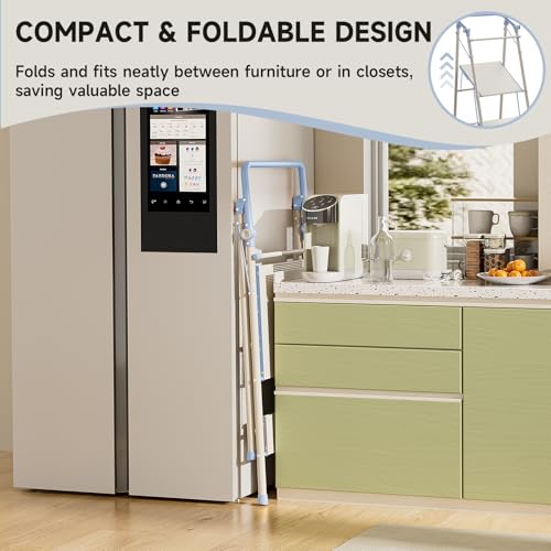 Foldable Toddler Tower, 2-in-1 Alloy Steel Kids Kitchen Step Stool & Adult 2-Step Ladder, Folding Kitchen Tower with Removable Safety Rail, Anti-Slip Steps for Kitchen & Bathroom - color: Soft Blue & Ivory