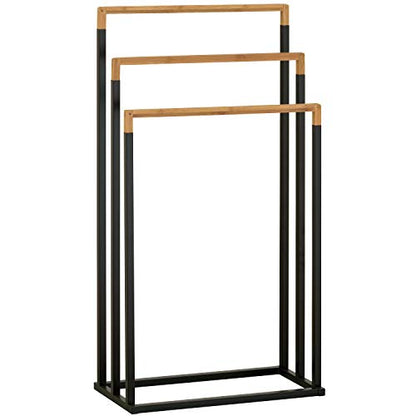 MyGift 33 Inch Standing Towel Rack, Freestanding Bath Towel Holder with 3 Tier Bamboo Wood Bar and Black Chrome Plated Metal, Drying Rack Stand for Bathroom, Laundry - size: 3 Tiers