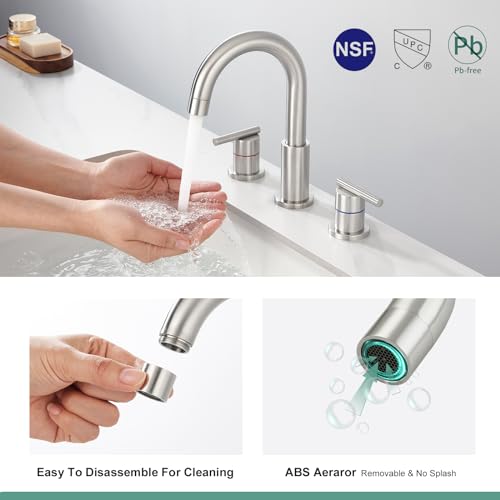 Faustina 3 Hole Bathroom Faucet, Brushed Bathroom Faucets for Sink 3 Hole/Double-Handle/8-Inch Widespread Bathroom Faucet, Stainless Steel Bathroom Vanity Faucet(Pop Up Drain/Supply Line), Brushed - color: Brushed, style: Modern Widespread