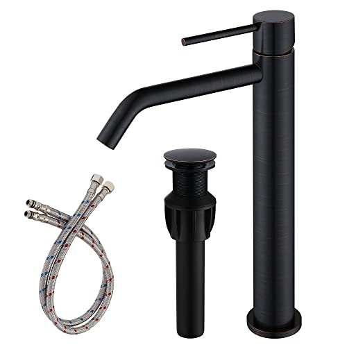 Oil Rubbed Bronze Vessel Sink Faucet with Pop Up Drain and Supply Lines, Stainless Steel Bronze Vanity Faucet Single Hole, JXMMP 1 Handle Bathroom Faucet Oil Rubbed, JXM1001ORB - color: Oil Rubbed Bronze, size: Tall Faucet