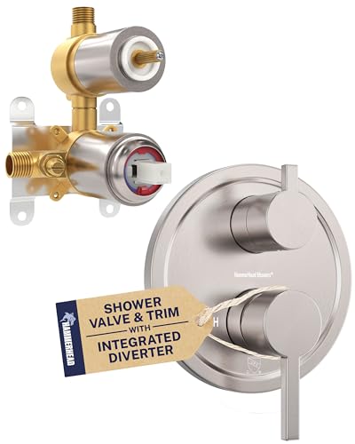 HammerHead Showers Solid Metal Two Handle Shower Valve and Trim Kit Brushed Nickel, Diverts Water Controls Volume and Temperature, Rough-In Shower Trim Kit with Valve and Pressure Balance Shower Valve - color: Brushed Nickel