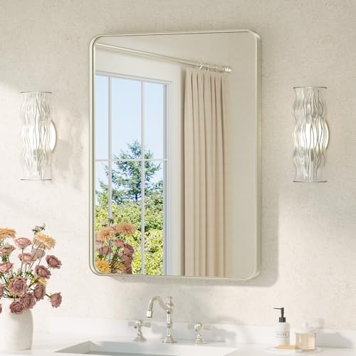TETOTE Brushed Nickel Mirror 22 x 30 Brushed Nickel Metal Framed Bathroom Mirror, Tempered Glass, Modern Farmhouse Wall Mounted Mirror for Decorative(Horizontal/Vertical) - color: Brushed Nickel, size: 30"L x 22"W