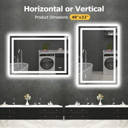 Hivone 48"X32" LED Bathroom Mirror with Lights, Anti-Fog, Dimmable, Backlit + Front Lit, Smart Bathroom Vanity Mirror, Memory Function, Shatterproof, Tempered Glass (Horizontal/Vertical) - size: 32"L x 48"W