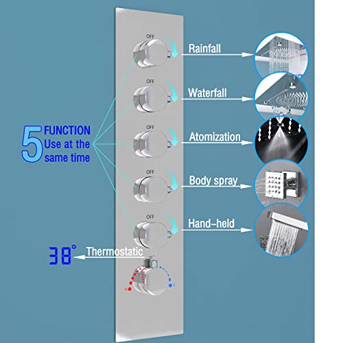 Enga 20 Inch Rain Shower System, LED Atomizing Rainfall Waterfall Large Horizontal Square Ceiling Shower Head with Remote Control Thermostatic Shower Faucet Set Flow Can Be Controlled, Chrome - color: Chrome, style: 20" Head (Rain + Mist+Waterfall) - Jets