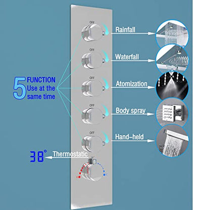 Enga 20 Inch Rain Shower System, LED Atomizing Rainfall Waterfall Large Horizontal Square Ceiling Shower Head with Remote Control Thermostatic Shower Faucet Set Flow Can Be Controlled, Chrome - color: Chrome, style: 20" Head (Rain + Mist+Waterfall) - Jets