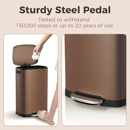 ELPHECO Kitchen Trash Can with Lid 13 Gal Stainless Steel Pedal Garbage Can | Soft Close Lid, Pedal, Heavy-Duty Fingerprint Proof Step Wastebasket with 20 Bags, Removable Bucket, Home Office, Brown - color: Brown